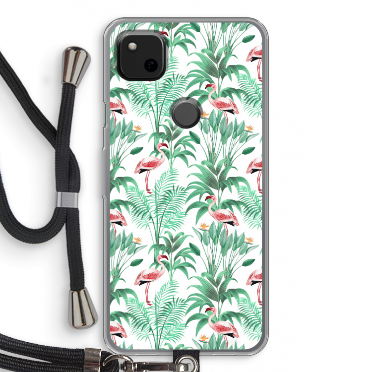 Flamingo bladeren: Pixel 4a Transparant Hoesje met koord
