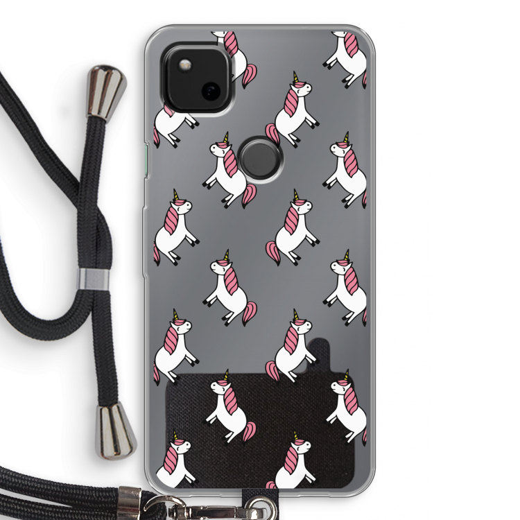 Eenhoorns overal: Pixel 4a Transparant Hoesje met koord