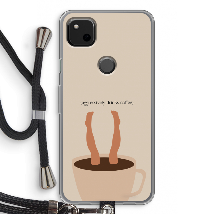 Aggressively drinks coffee: Pixel 4a Transparant Hoesje met koord