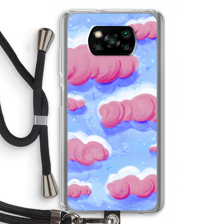 Roze wolken met vogels: Xiaomi Poco X3 Pro Transparant Hoesje met koord