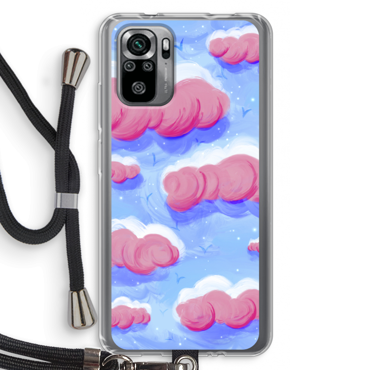 Roze wolken met vogels: Xiaomi Redmi Note 10S Transparant Hoesje met koord