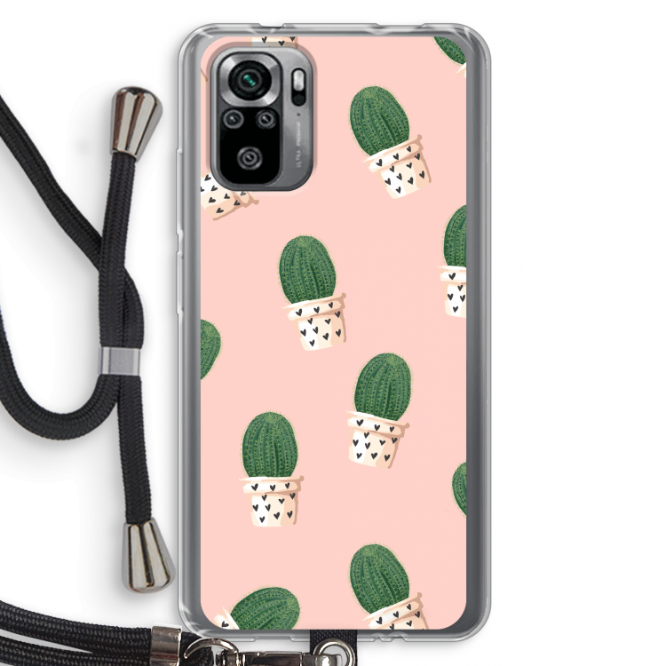 Cactusprint roze: Xiaomi Redmi Note 10S Transparant Hoesje met koord