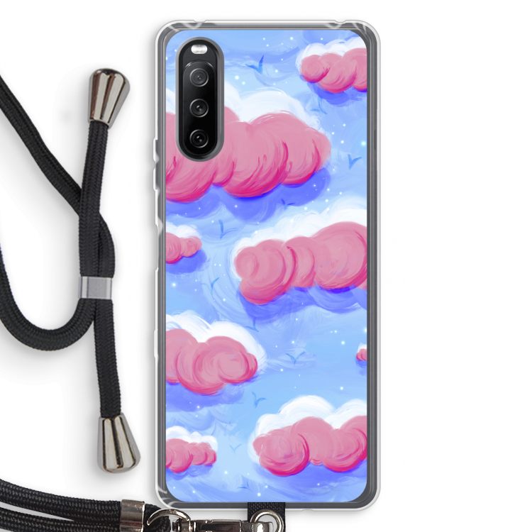 Roze wolken met vogels: Sony Sony Xperia 10 III Transparant Hoesje met koord