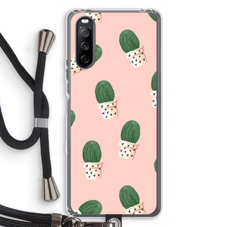 Cactusprint roze: Sony Sony Xperia 10 III Transparant Hoesje met koord