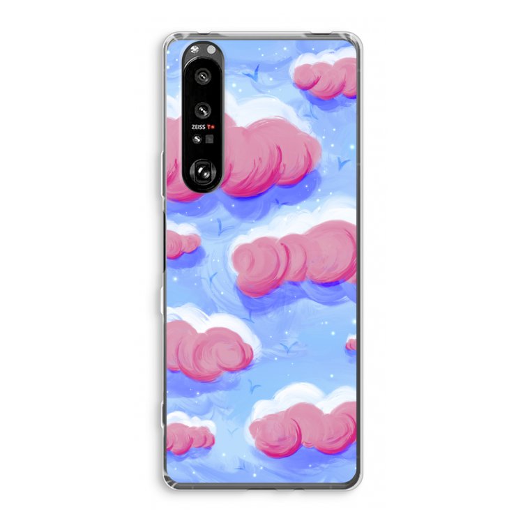 Roze wolken met vogels: Sony Xperia 1 III Transparant Hoesje