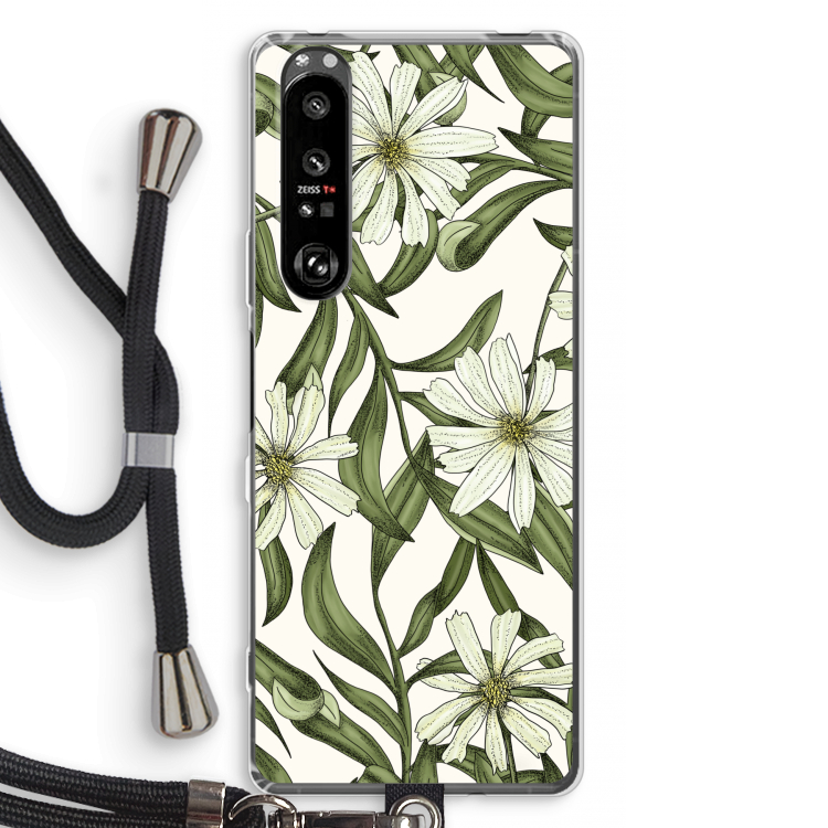 Wit bloemenpatroon: Sony Xperia 1 III Transparant Hoesje met koord