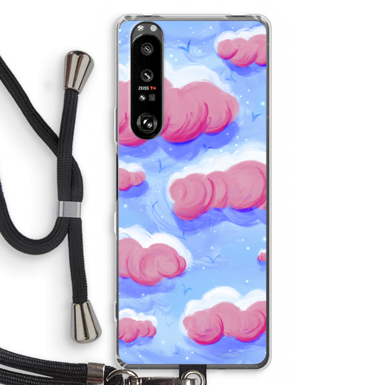 Roze wolken met vogels: Sony Xperia 1 III Transparant Hoesje met koord