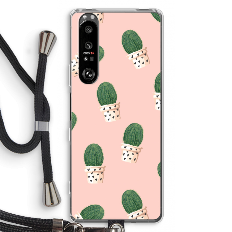 Cactusprint roze: Sony Xperia 1 III Transparant Hoesje met koord