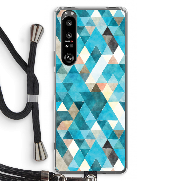 Gekleurde driehoekjes blauw: Sony Xperia 1 III Transparant Hoesje met koord