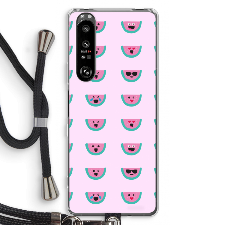 Smiley watermeloenprint: Sony Xperia 1 III Transparant Hoesje met koord