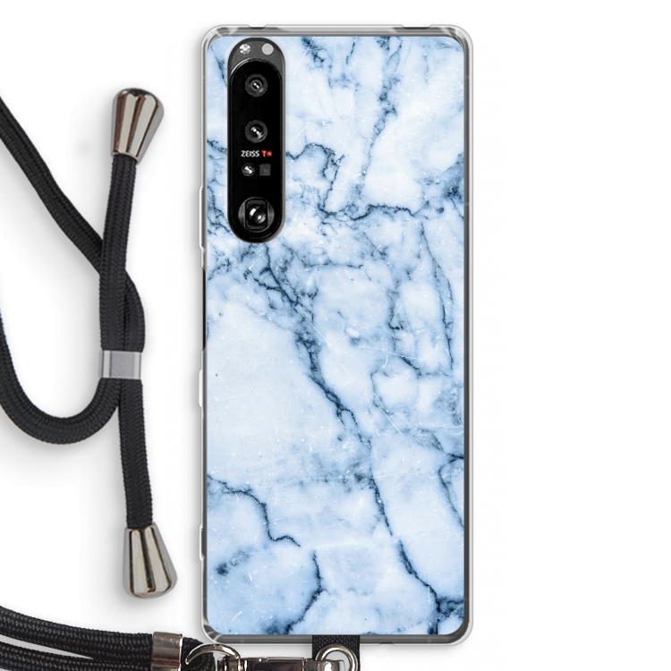 Blauw marmer: Sony Xperia 1 III Transparant Hoesje met koord
