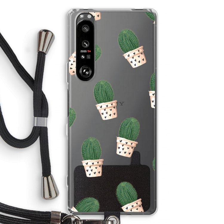 Cactusprint roze: Sony Xperia 1 III Transparant Hoesje met koord