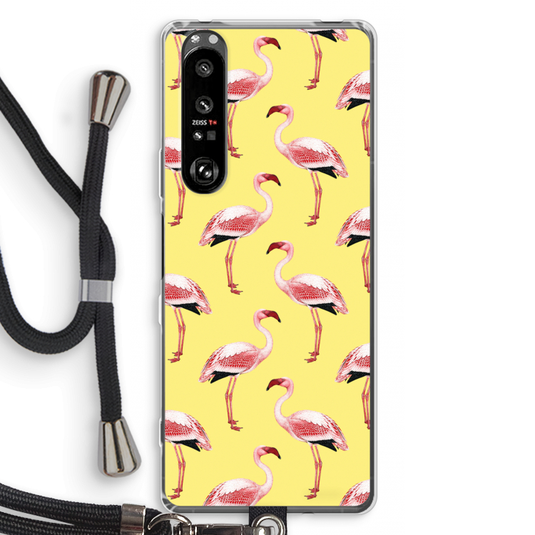 Flamingo's geel: Sony Xperia 1 III Transparant Hoesje met koord