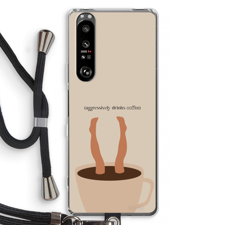 Aggressively drinks coffee: Sony Xperia 1 III Transparant Hoesje met koord