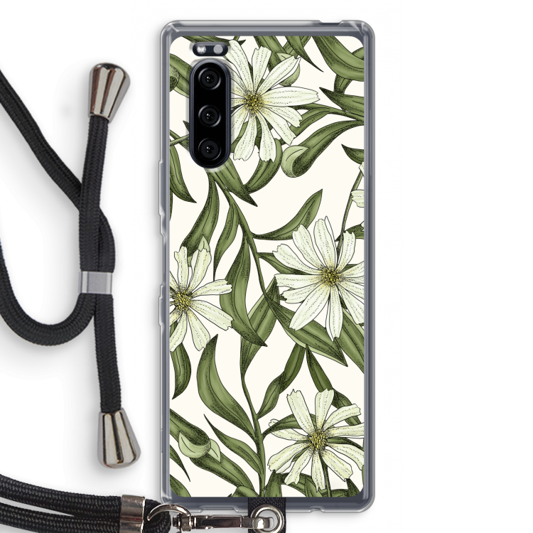 Wit bloemenpatroon: Sony Xperia 5 Transparant Hoesje met koord
