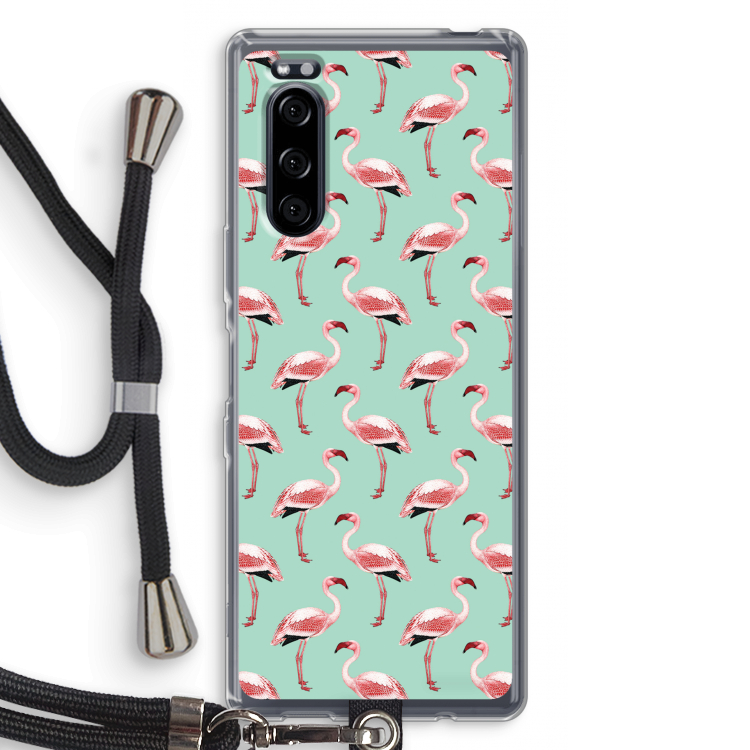 Flamingoprint groen: Sony Xperia 5 Transparant Hoesje met koord