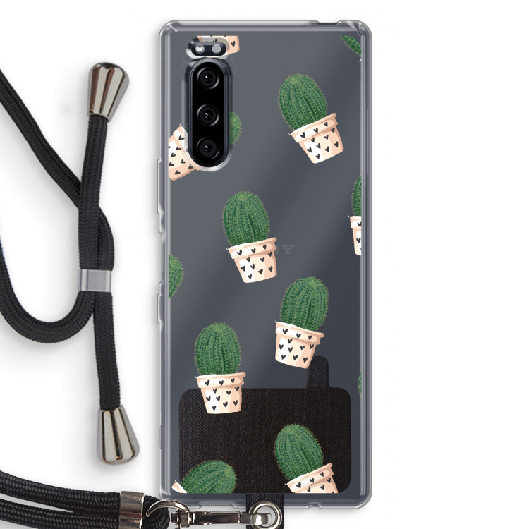 Cactusprint roze: Sony Xperia 5 Transparant Hoesje met koord