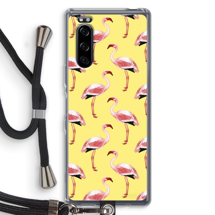 Flamingo's geel: Sony Xperia 5 Transparant Hoesje met koord