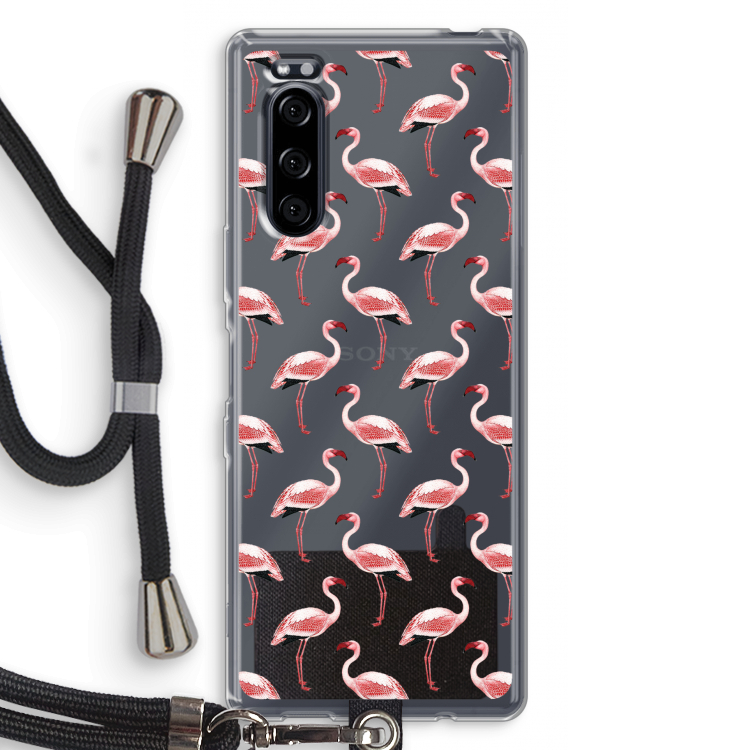 Flamingoprint groen: Sony Xperia 5 Transparant Hoesje met koord