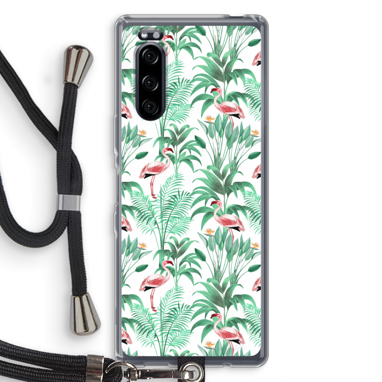 Flamingo bladeren: Sony Xperia 5 Transparant Hoesje met koord