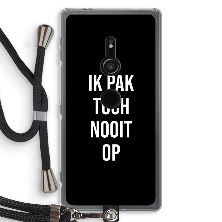 Ik pak nooit op - Zwart: Sony Xperia XZ2 Transparant Hoesje met koord