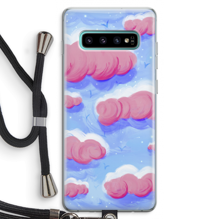 Roze wolken met vogels: Samsung Galaxy S10 Plus Transparant Hoesje met koord