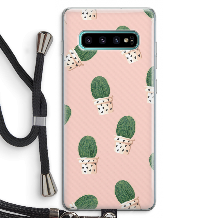 Cactusprint roze: Samsung Galaxy S10 Plus Transparant Hoesje met koord
