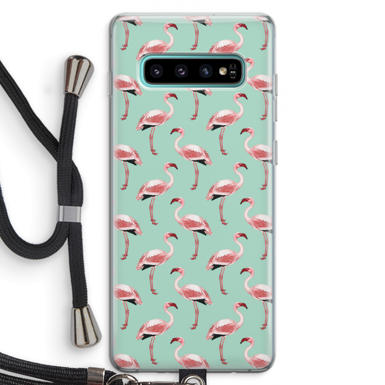 Flamingoprint groen: Samsung Galaxy S10 Plus Transparant Hoesje met koord