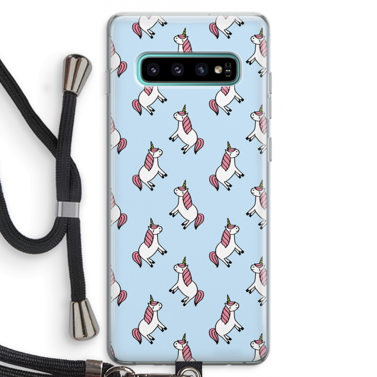 Eenhoorns overal: Samsung Galaxy S10 Plus Transparant Hoesje met koord
