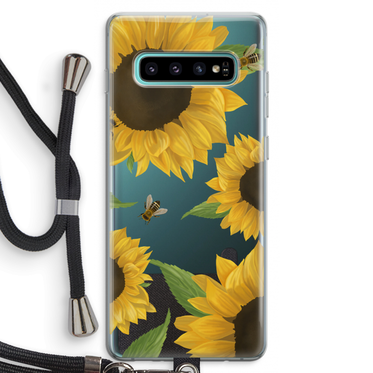Sunflower and bees: Samsung Galaxy S10 Plus Transparant Hoesje met koord