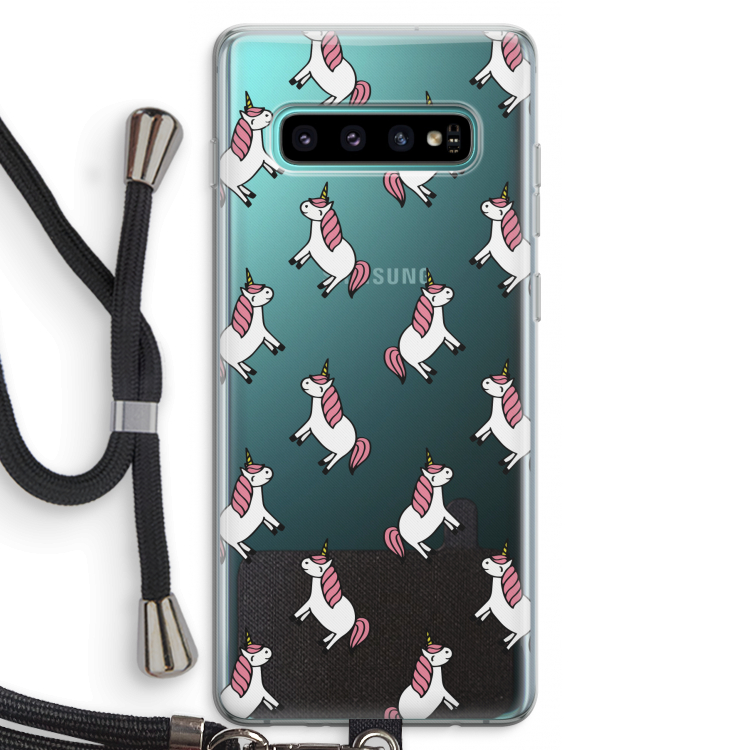 Eenhoorns overal: Samsung Galaxy S10 Plus Transparant Hoesje met koord