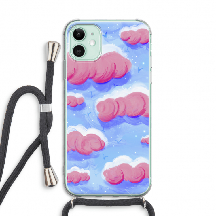 Roze wolken met vogels: iPhone 11 Transparant Hoesje met koord
