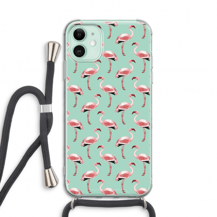 Flamingoprint groen: iPhone 11 Transparant Hoesje met koord