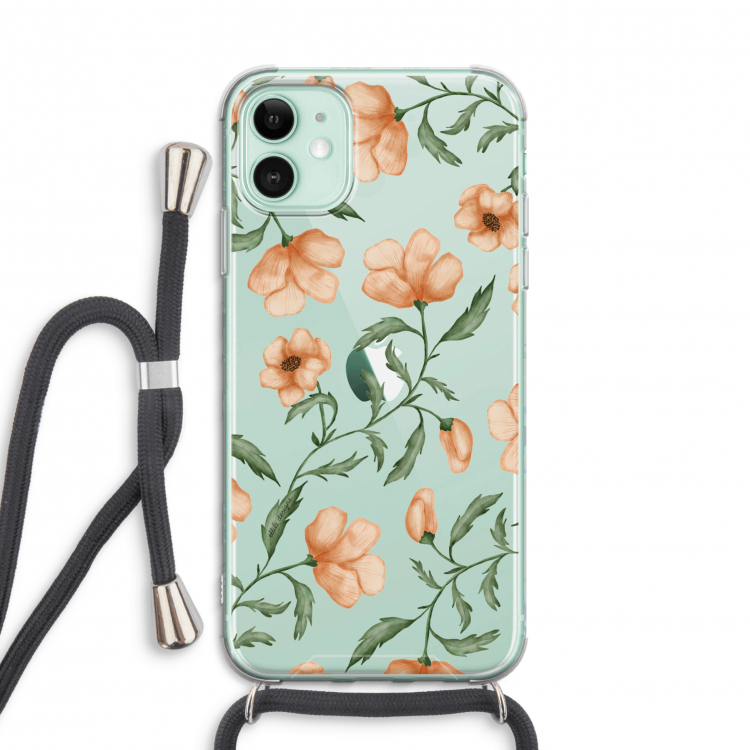 Peachy flowers: iPhone 11 Transparant Hoesje met koord