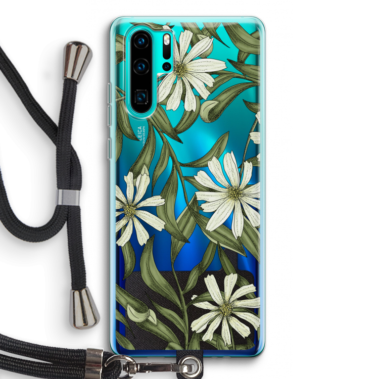 Wit bloemenpatroon: Huawei P30 Pro Transparant Hoesje met koord