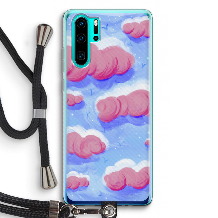 Roze wolken met vogels: Huawei P30 Pro Transparant Hoesje met koord
