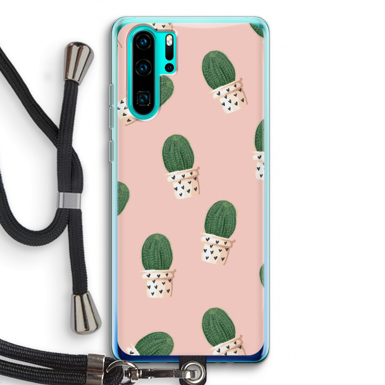 Cactusprint roze: Huawei P30 Pro Transparant Hoesje met koord