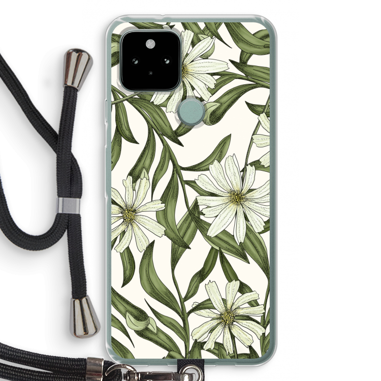 Wit bloemenpatroon: Pixel 5 Transparant Hoesje met koord