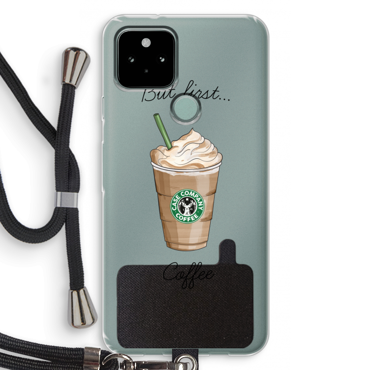 But first coffee: Pixel 5 Transparant Hoesje met koord