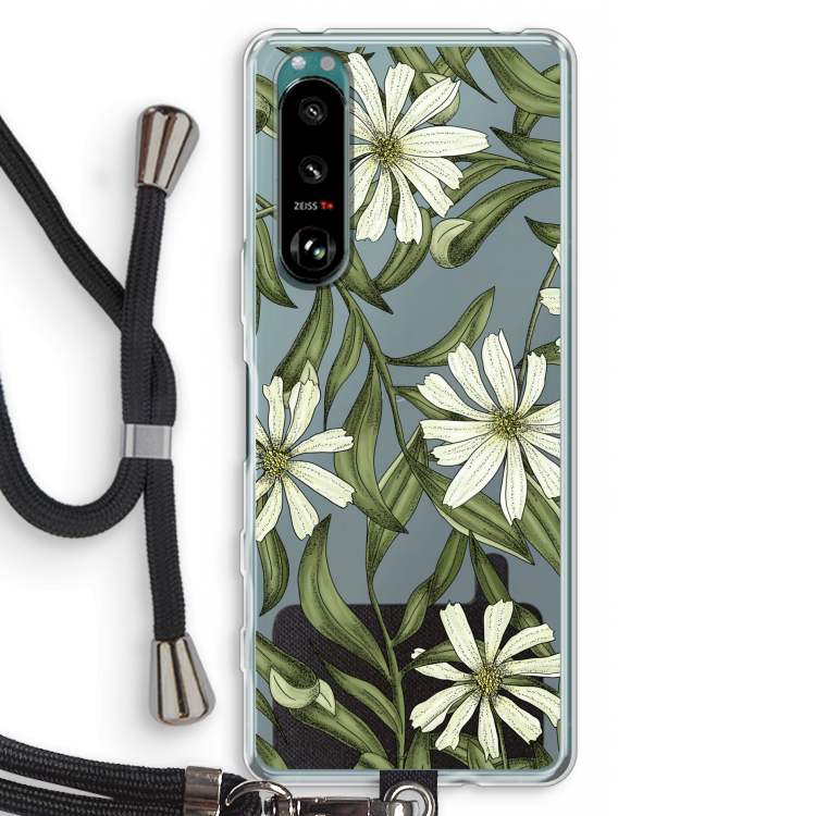 Wit bloemenpatroon: Sony Xperia 5 III Transparant Hoesje met koord