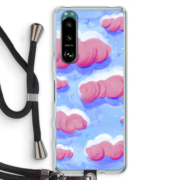 Roze wolken met vogels: Sony Xperia 5 III Transparant Hoesje met koord