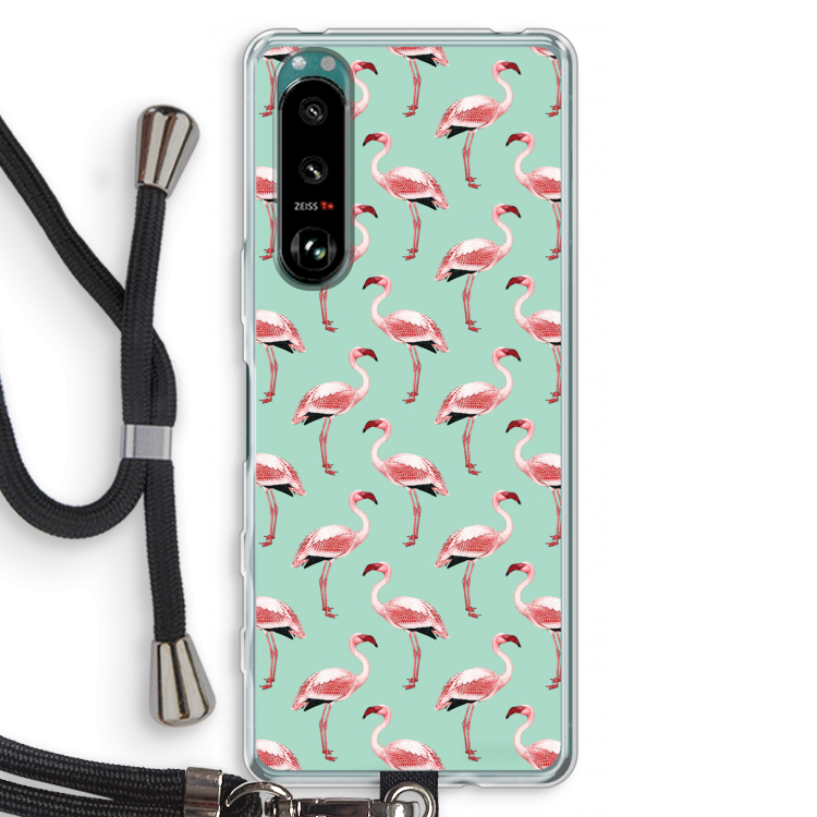 Flamingoprint groen: Sony Xperia 5 III Transparant Hoesje met koord