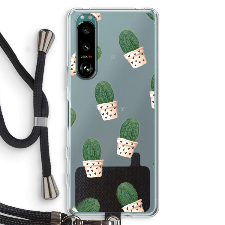 Cactusprint roze: Sony Xperia 5 III Transparant Hoesje met koord