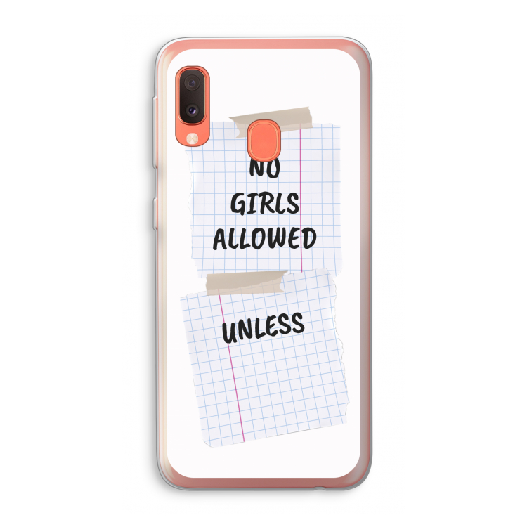No Girls Allowed Unless: Samsung Galaxy A20e Transparant Hoesje