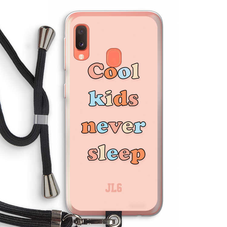 Cool Kids Never Sleep: Samsung Galaxy A20e Transparant Hoesje met koord