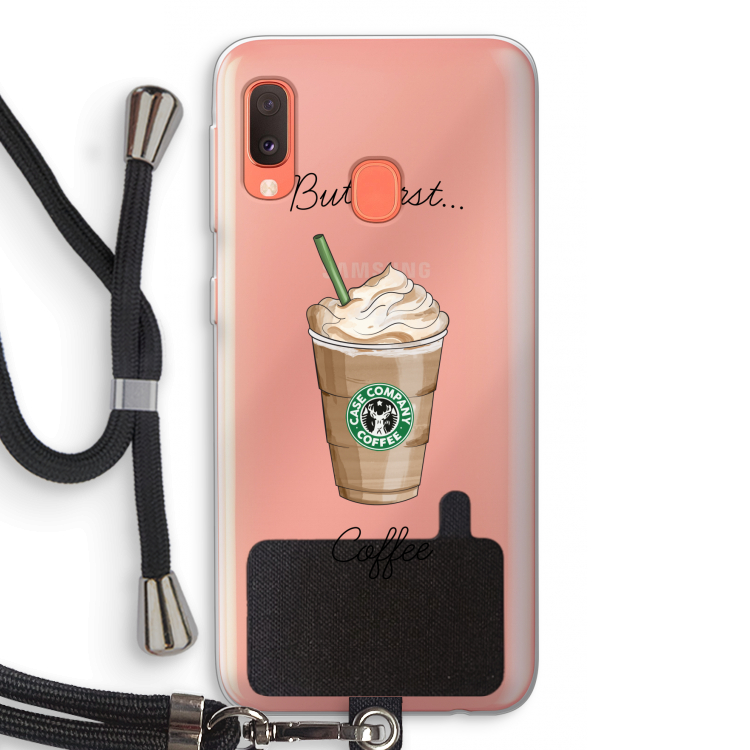 But first coffee: Samsung Galaxy A20e Transparant Hoesje met koord