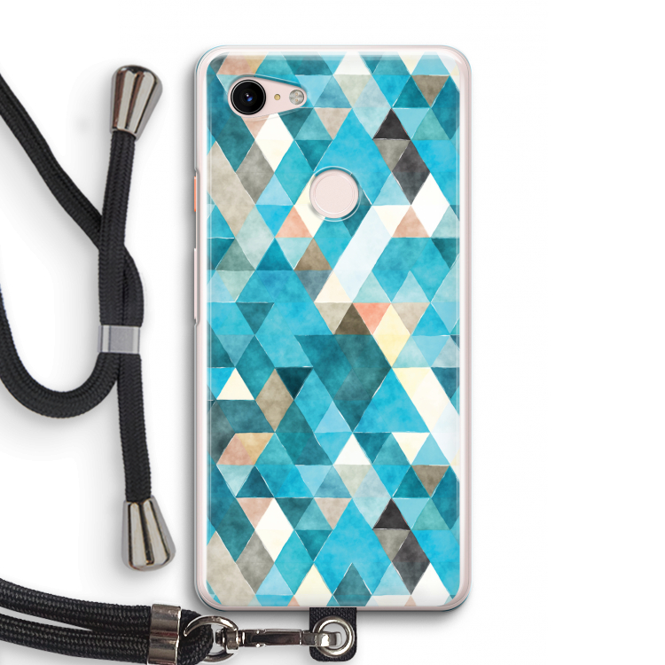 Gekleurde driehoekjes blauw: Pixel 3 Transparant Hoesje met koord