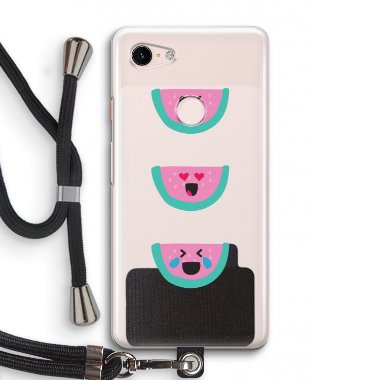 Smiley watermeloen: Pixel 3 Transparant Hoesje met koord