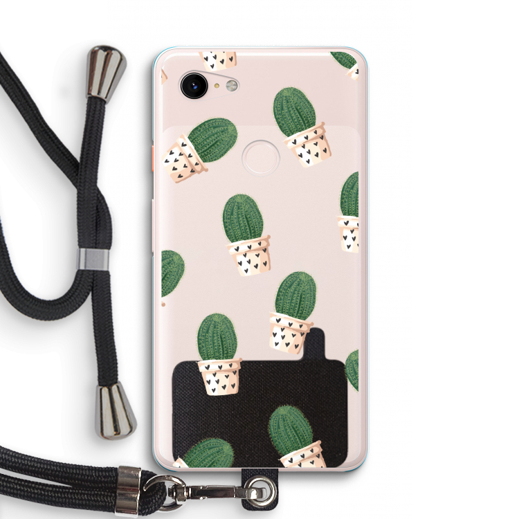 Cactusprint roze: Pixel 3 XL Transparant Hoesje met koord