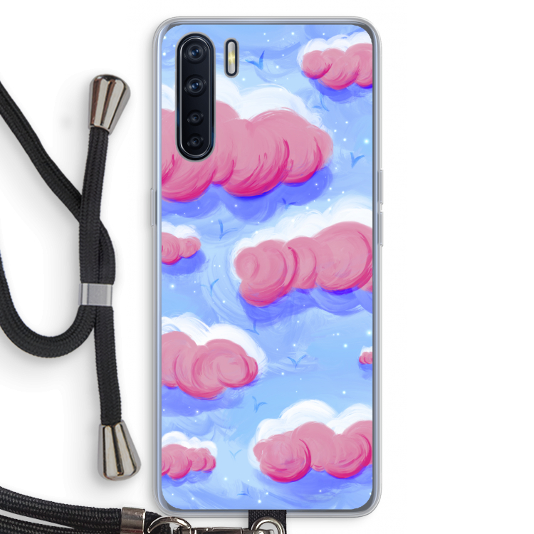Roze wolken met vogels: Oppo A91 Transparant Hoesje met koord
